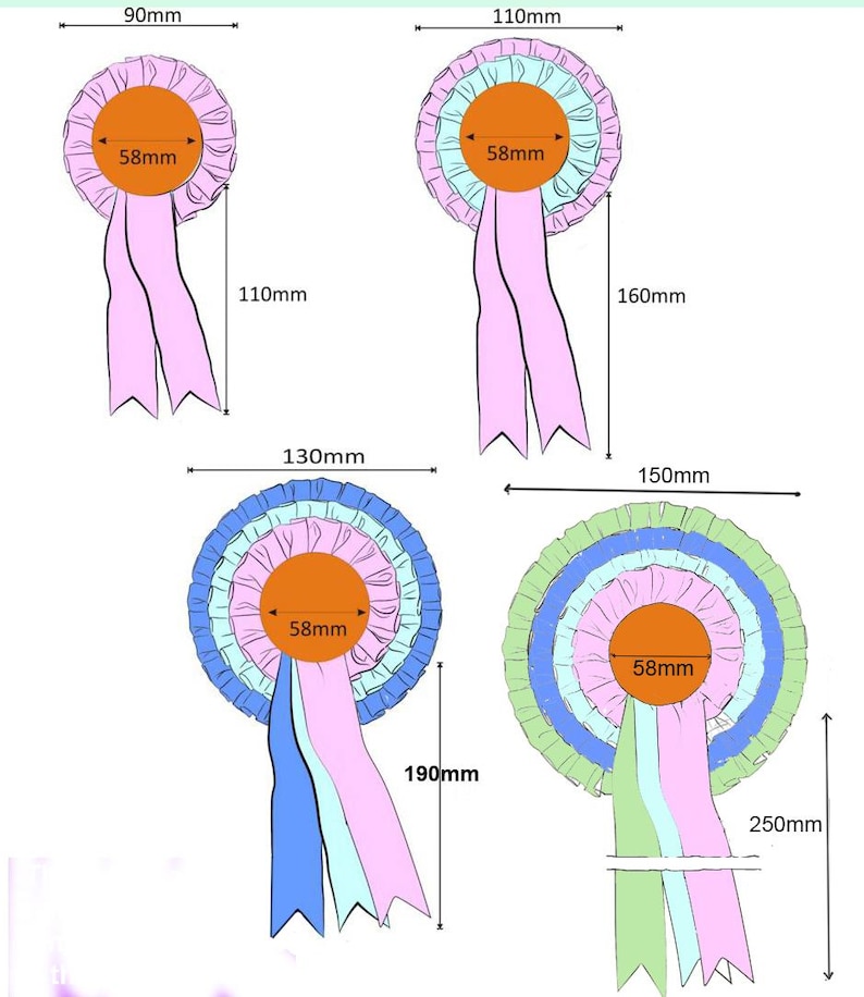 Details of the outside diameters, centre diameters and overall lengthh of the 4 different rosette styles that can be personalised for any event