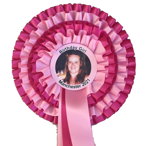 Large 4-tier Photo Rosette. Add your chosen photo to the centre of a large rosette - your choice of ribbon colours for each of the 4 layers