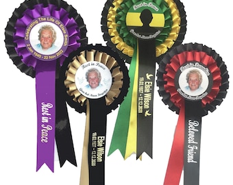 Personalised Funeral Rosette with Photo, Printed Ribbon Tail