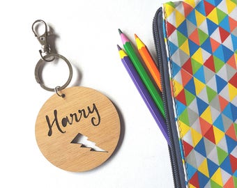 Bag Tag / Keyring Wood Bamboo Personalised Custom-Lightning Bolt-wizard-personalized-teacher gift-stocking stuffer-kids gift-back to school