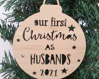 Husbands First Christmas - Wives First Christmas Bauble-Decoration-Ornament-christmas tree-gift-christmas gift-wooden-gift-gay-gay marriage