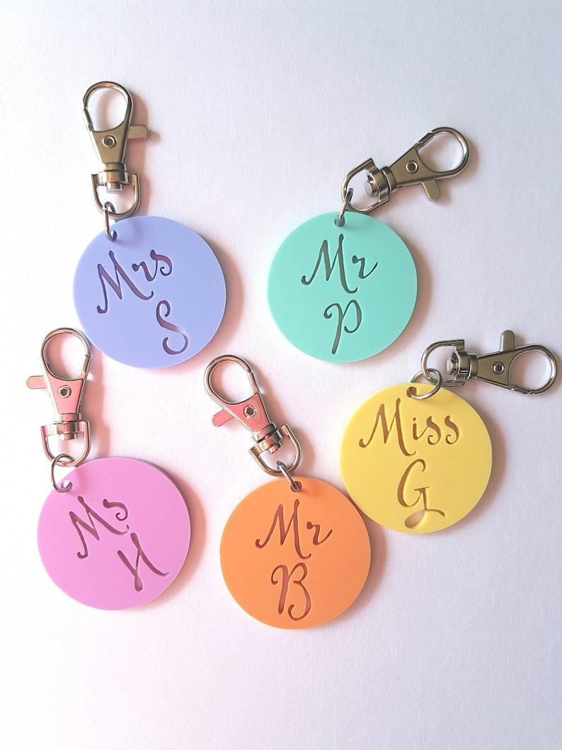 Initial Teacher Keyring Mr-Miss-Mrs-Ms-bag tag-Christmas gift-teacher gift-kris kringle-thank you gift-personalized-personalised