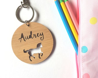 Horse-Pony-Bag Tag / Keyring Wood Bamboo Personalised Custom-school-kinder-wooden-school bag-bamboo-personalized keyring-teacher gift