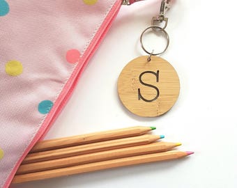 Alphabet letter bag tag / keyring-initial- wood-bamboo-school-wooden-round-kinder