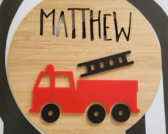 FIRE TRUCK Personalised Wooden Wall-Door Hanging-nursery decor-Plaque-kids door sign-custom name-kids gift-baby gift-lasercut-Fire Engine