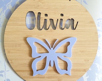 BUTTERFLY Personalised Wooden Wall-Door Hanging-nursery decor-Plaque-kids door sign-custom name-kids gift-baby gift-lasercut