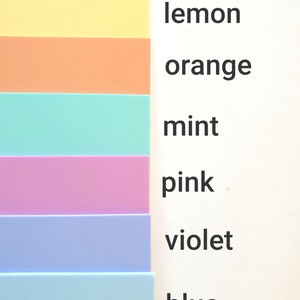 May include: Six color swatches in shades of yellow, orange, mint green, pink, light blue, and blue. The swatches are labeled "lemon", "orange", "mint", "pink", "violet", and "blue".