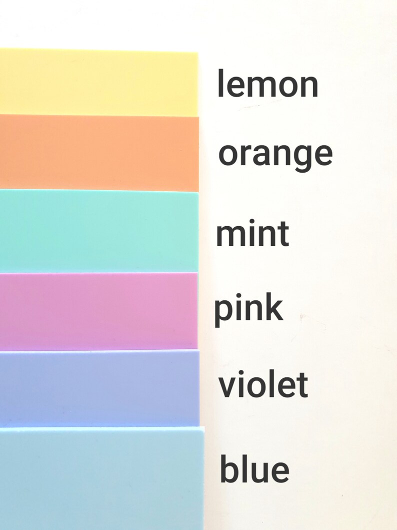 May include: Six color swatches in shades of yellow, orange, mint green, pink, light blue, and blue. The swatches are labeled "lemon", "orange", "mint", "pink", "violet", and "blue".