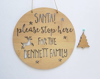 Personnalisé Santa Santa S'il vous plaît arrêtez-vous ici! Famille En bambou Mur de porte hanging-plaque-personnalisé-custom-décoration-ornement-bauble