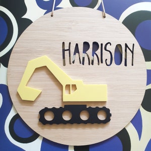 Digger Personalised Wooden Wall-Door Hanging-nursery decor-Plaque-kids door sign-custom name-kids gift-baby gift-lasercut