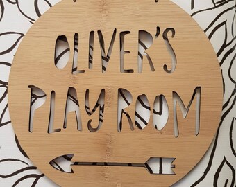 Personalised Wooden Play Room Sign Arrow Design-wall art-bamboo-toyroom-kidsdecor 19.5cm-lasercut-plaque-kids gift-present-wall hanging