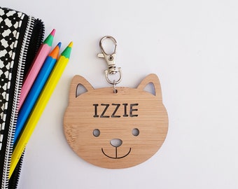 CAT/KITTEN Bag Tag / Keyring Wood Bamboo Personalised Custom-school-kinder-wooden-school bag-bamboo-kindergarten-cat keyring-cat bagtag