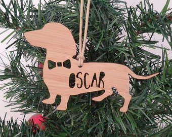 DACHSHUND with bow tie Personalised Wood Christmas Decoration/Ornament-bauble-christmas gift-kris kringle-personalized christmas-sausage dog