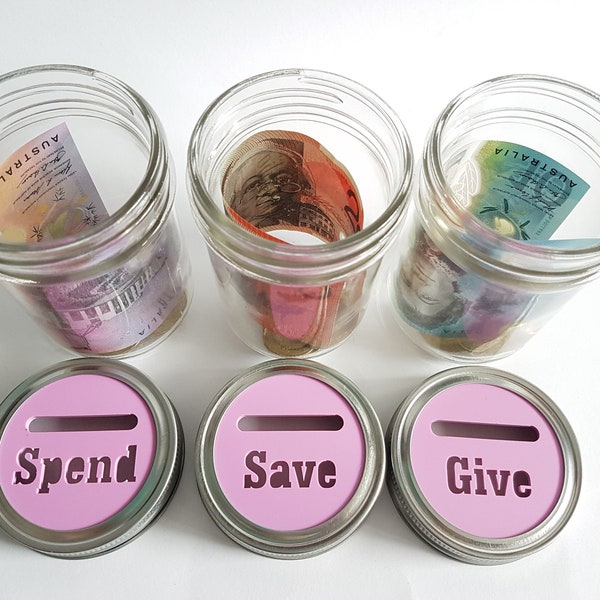 Save Spend Give Mason Jar Money Box-Money Jar-Moneybox-Savings-Kids Moneybox-piggy bank-savings jars-save spend donate-jam jars-charity