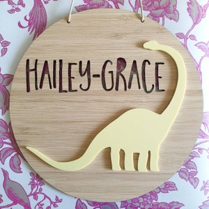 May include: A round wooden sign with the name "HAILEY-GRACE" cut out in the center. A yellow dinosaur silhouette is attached to the sign.