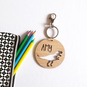 T-REX Dinosaur Bag Tag / Keyring Wood Bamboo Personalised-custom-school-kinder-round-wooden-kindergarten-persoanlized-tyrannosaurus rex