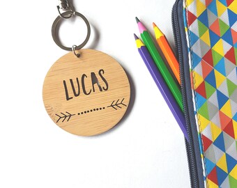 Dots Arrow Bag Tag / Keyring Wood Bamboo Personalised Custom-boho-school-kinder-wooden-school bag-bamboo-personalized-back to school