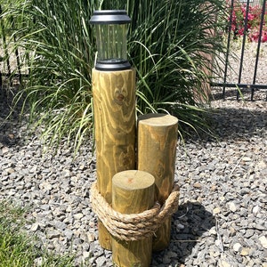 Nautical Pilings Rustic Pine Wood 3 Tier 20"h with 3/4" Manila Rope & Solar Light  Available in Natural or Stained  Pier Post Landscape