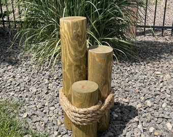 20" Nautical Wood Pilings with Manila Rope: Coastal Decor, w/options of Solar Light, Fish Net or Both.
