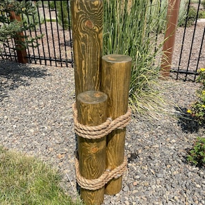 Nautical Piling Rustic Pine Wood 3 Tier 40"h  5.5" diameter w/ 3/4" Manila Rope, w/Stain & Wood Sealer!