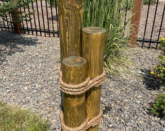 Nautical Piling Rustic Pine Wood 3 Tier 40"h  5.5" diameter w/ 3/4" Manila Rope, w/Stain & Wood Sealer!