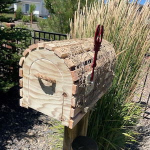 May include: A wooden mailbox with a rustic design. The mailbox is made of light-coloured wood with a curved top and a red trident-shaped flag. The mailbox is mounted on a wooden post and surrounded by tall grass.