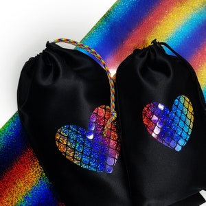 Satin Bag with Holographic Rainbow Scaled Dragon Heart Adult Toy Storage Drawstring Bag with Plastic Toggle