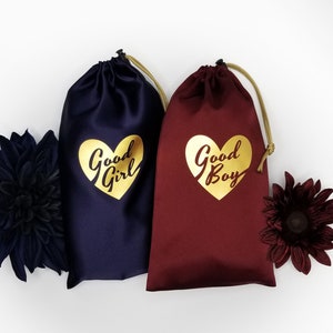 Satin Bag &quot;Good Girl&quot;/&quot;Good Boy&quot; Gold Heart Adult Toy Storage with Drawstring