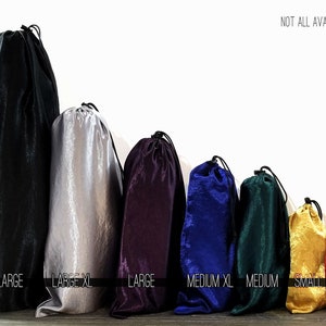 Comparison images of satin bag sizes -  XL to mini.