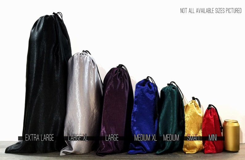 Comparison images of satin bag sizes -  XL to mini.