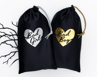 Satin Bag "Bad Boy"/"Bad Girl" Gold/Silver Heart Adult Toy Storage with Drawstring