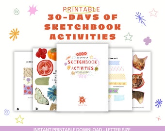 May include: Printable 30-day sketchbook activity pack with colorful illustrations and text. The cover features a starburst design and the text "30 Days of Sketchbook Activities".