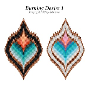 May include: Two beaded designs in the shape of a teardrop. One design is black, brown, and blue. The other design is white, brown, and blue. The text "Burning Desire 1" and "Copyright 2002 by Rita Sova" is above the designs.