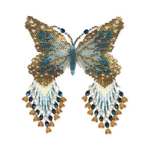 May include: A beaded butterfly brooch with gold, blue, and white beads. The butterfly has a fringe of beads hanging from its wings.