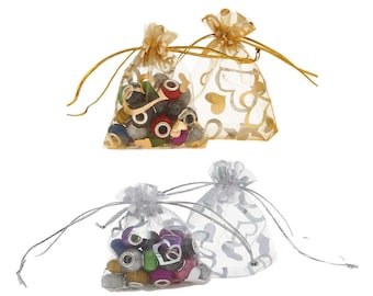 25pcs Hearts Organza Gift Pouch, Party Favor Bags, 9 x 12cm - Gold or Silver
