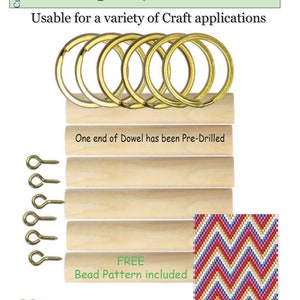 May include: Six wooden key chain bobble blanks, each measuring 1/2 inch by 2 1/4 inches. The blanks are made of natural wood and have a pre-drilled hole at one end. The package includes six gold key rings and a free bead pattern. The image also shows a sample bead pattern with a chevron design in red, blue, and gold.