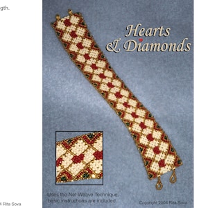 May include: A Huichol style bracelet with a pattern of hearts and diamonds made with seed beads in red, cream, gold, and teal. The bracelet is 1.25 inches wide and the length is variable. The instructions for making the bracelet are included.