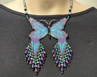 Beaded Butterfly Pendant Necklace: Delica Seed Beads, Swarovski Crystals