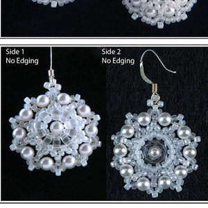 May include: Two pairs of white pearl earrings, one pair with a beaded edging and one pair without. The earrings are shown on a black background. "Regal Earrings 2 Sided with or without edging Copyright 2012 Rita Sova" is written above the earrings.