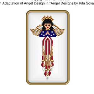 May include: A beaded angel with red, white, and blue colors, representing the American flag. The angel is in a praying position with wings and a halo. The image includes the text "911 Liberty Angel".