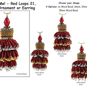 May include: Image of red beaded spool ornaments or earrings. The image shows four variations with different wood bead sizes: no wood bead, 16mm, 20mm, and 25mm. Each ornament features a red, gold, and silver color scheme.