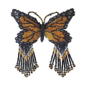 May include: A beaded butterfly brooch with black and gold accents. The butterfly has beaded wings and a beaded body. The brooch has a dangling fringe of black beads.