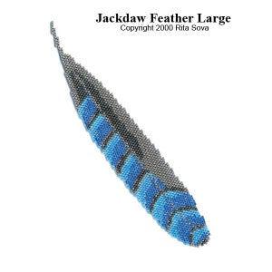 May include: A blue and gray beaded feather design, titled "Jackdaw Feather Large" with the copyright information "Copyright 2000 Rita Sova".