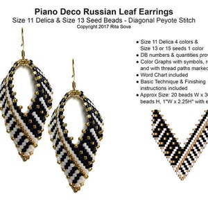 May include: Black, white, and gold beaded earrings with a leaf design. The earrings are made with size 11 Delica and size 13 seed beads. The earrings are approximately 1 inch wide and 2.25 inches tall.