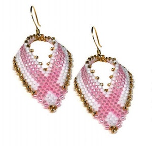 May include: Pink and white beaded earrings in the shape of a ribbon, with gold accents. The earrings are made with size 11 Delica and size 13 seed beads. The earrings are approximately 1 inch wide and 2.25 inches high.