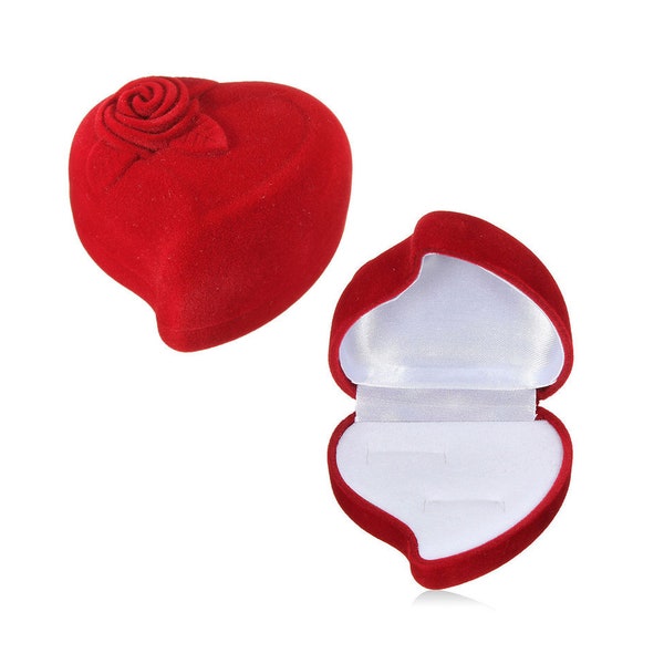 Velvet Heart Shaped Jewelry Ring Display Gift Box, Red