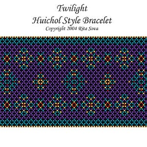 May include: A beaded bracelet with a geometric pattern in shades of purple, teal, and gold. The bracelet is labeled "Twilight Huichol Style Bracelet" with a copyright notice.