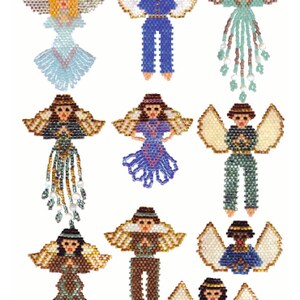 May include: Nine beaded angel ornaments with different colored clothing and wings. The angels are all in a standing position with their hands clasped in prayer. The title "Angel Designs by Rita Sava 1998" is at the top of the image. The text "Advanced Brick Stitch & Fringe Techniques" is at the bottom of the image.