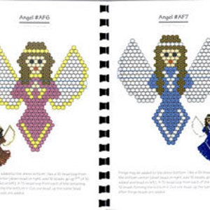 May include: Two beading patterns for creating angel ornaments. The first angel is pink, yellow, and brown. The second angel is blue and white. Both angels have white wings and a halo.