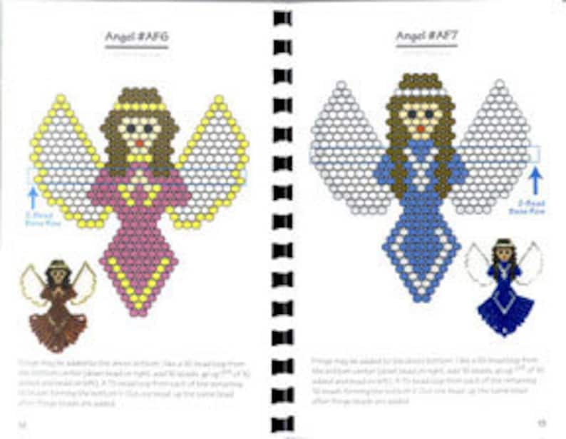May include: Two beading patterns for creating angel ornaments. The first angel is pink, yellow, and brown. The second angel is blue and white. Both angels have white wings and a halo.